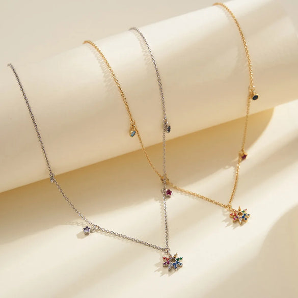 Sterling Silver 14K Gold Plated White Gold Plated Rhodium Plated Plating Inlay Pentagram Geometric Flower Zircon Pendant Necklace