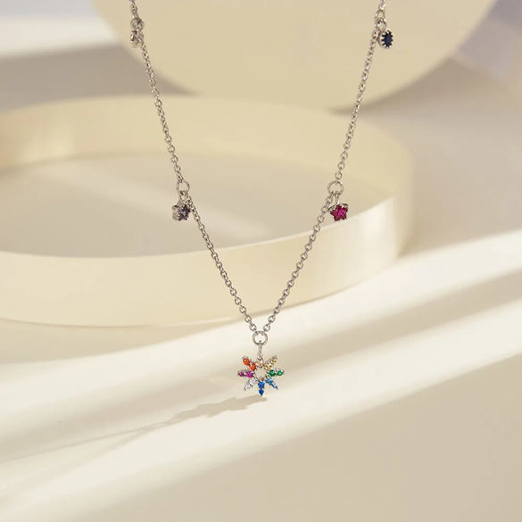 Sterling Silver 14K Gold Plated White Gold Plated Rhodium Plated Plating Inlay Pentagram Geometric Flower Zircon Pendant Necklace