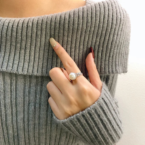 Sterling Silver 18K Gold Plated White Gold Plated Elegant Glam Luxurious Polishing Plating Hollow Out Round Pearl Open Rings