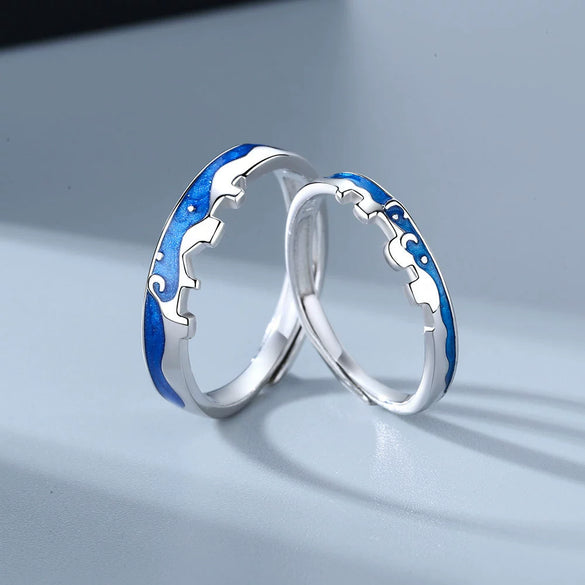 Sterling Silver Adjustable Couple Rings Geometric Star And Moon City Wall Design Electroplated Open Band Lover Gift For Men And Women