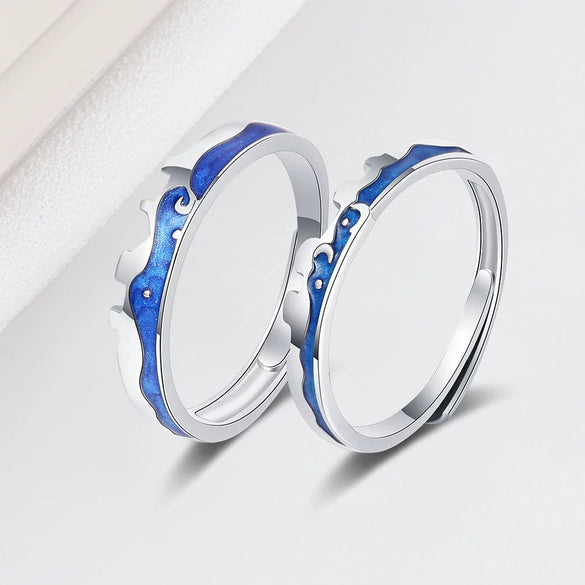 Sterling Silver Adjustable Couple Rings Geometric Star And Moon City Wall Design Electroplated Open Band Lover Gift For Men And Women