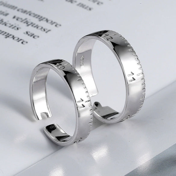 Sterling Silver Adjustable Open Couple Ring Minimalist Ruler Pattern Electroplated Fashion Jewelry