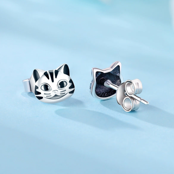 925 Sterling Silver Asymmetric Heart Shape Cat Cartoon Earrings Electroplated Women's Jewelry