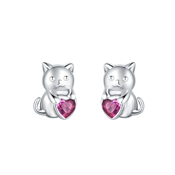 925 Sterling Silver Asymmetric Heart Shape Cat Cartoon Earrings Electroplated Women's Jewelry