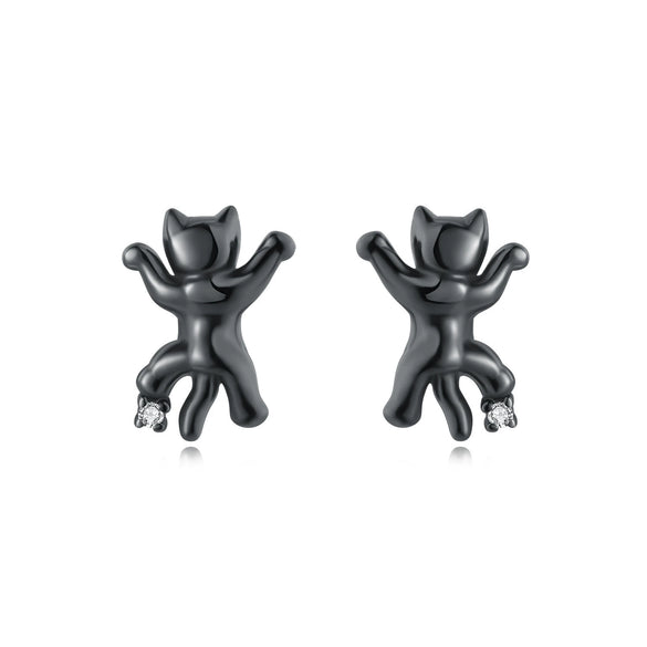 925 Sterling Silver Asymmetric Heart Shape Cat Cartoon Earrings Electroplated Women's Jewelry