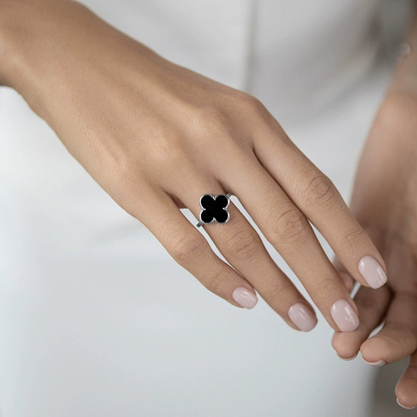 925 Sterling Silver Black Agate Fourleaf Clover Bracelet Earrings Necklace Set Seiko Plants Flowers Pattern Women's