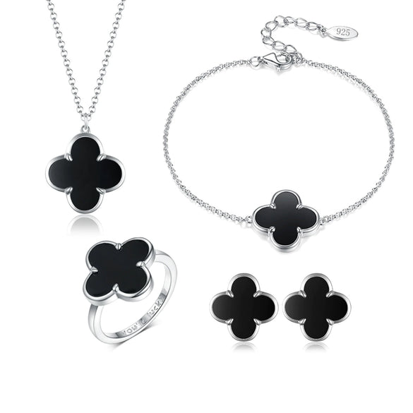 925 Sterling Silver Black Agate Fourleaf Clover Bracelet Earrings Necklace Set Seiko Plants Flowers Pattern Women's