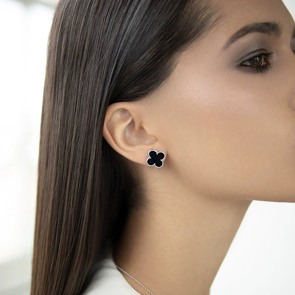 925 Sterling Silver Black Agate Fourleaf Clover Bracelet Earrings Necklace Set Seiko Plants Flowers Pattern Women's