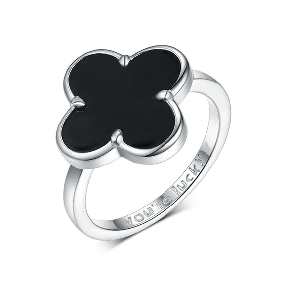 925 Sterling Silver Black Agate Fourleaf Clover Bracelet Earrings Necklace Set Seiko Plants Flowers Pattern Women's