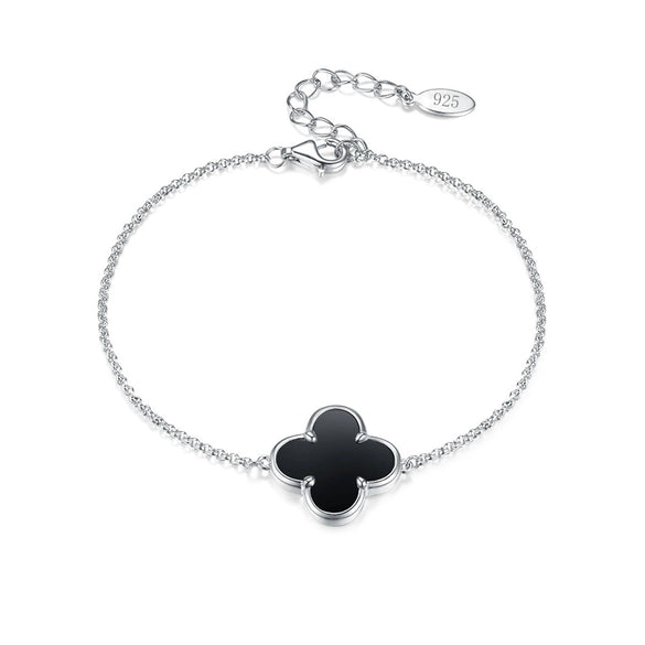 925 Sterling Silver Black Agate Fourleaf Clover Bracelet Earrings Necklace Set Seiko Plants Flowers Pattern Women's