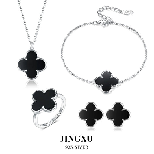 925 Sterling Silver Black Agate Fourleaf Clover Bracelet Earrings Necklace Set Seiko Plants Flowers Pattern Women's