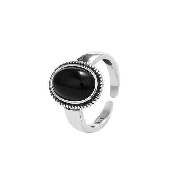 Sterling Silver Black Agate Ring Female Retro Opening Adjustable Jewelry Silver Jewelry Spot Wholesale