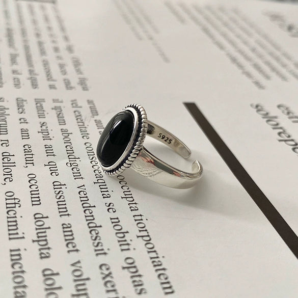 Sterling Silver Black Agate Ring Female Retro Opening Adjustable Jewelry Silver Jewelry Spot Wholesale