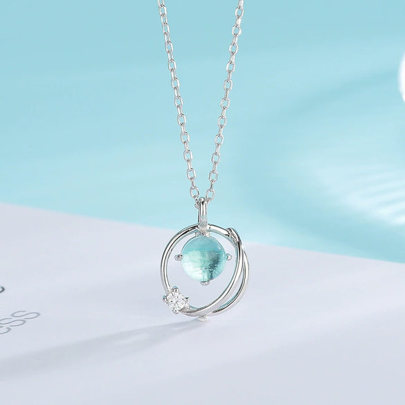 Sterling Silver Blue Crystal Glaze Geometric Pendant Necklace With Cross Chain And Diamond Finish For Women