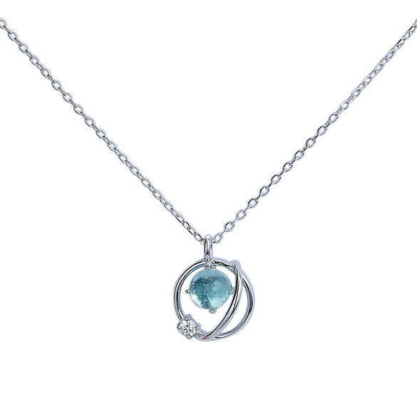 Sterling Silver Blue Crystal Glaze Geometric Pendant Necklace With Cross Chain And Diamond Finish For Women
