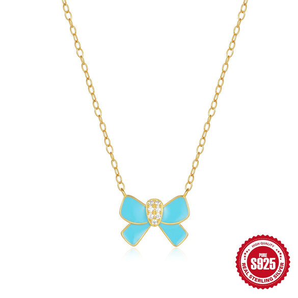 925 Sterling Silver Butterfly Bow Pattern Drop Oil Imitation Enamel Electroplated Clavicle Chain Necklace For Women