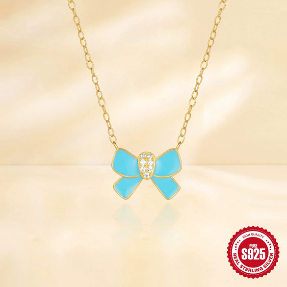 925 Sterling Silver Butterfly Bow Pattern Drop Oil Imitation Enamel Electroplated Clavicle Chain Necklace For Women