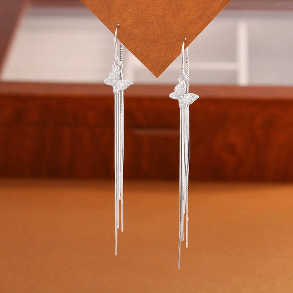 925 Sterling Silver Butterfly Bow Tassel Drop Earrings Light Luxury Fashion Animal Style Elegant Face Slimming Earrings For Women