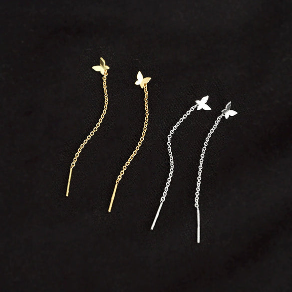 Sterling Silver Butterfly Ear Threader Earrings For Women With Long Chain Ear Stud Design