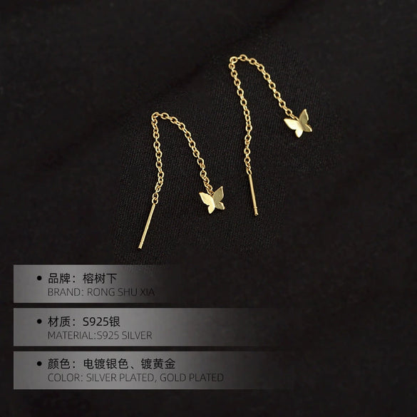 Sterling Silver Butterfly Ear Threader Earrings For Women With Long Chain Ear Stud Design