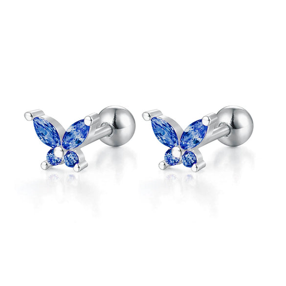 925 Sterling Silver Butterfly Piercing Screw Earrings With Colored Diamond For Women