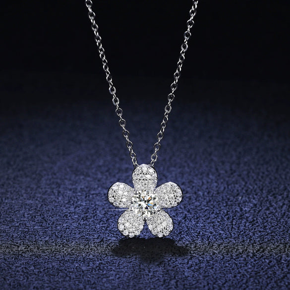 925 Sterling Silver Camellia Flower Natural Style Pendant Necklace With Moissanite