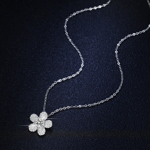 925 Sterling Silver Camellia Flower Natural Style Pendant Necklace With Moissanite