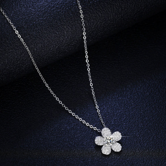 925 Sterling Silver Camellia Flower Natural Style Pendant Necklace With Moissanite