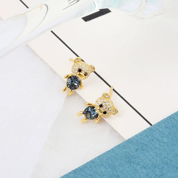 925 Sterling Silver Cartoon Bear Doll Necklace And Earring Set With Crystal Geometric Pendant Electroplated Fashion Jewelry For Women
