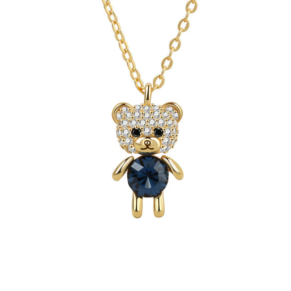 925 Sterling Silver Cartoon Bear Doll Necklace And Earring Set With Crystal Geometric Pendant Electroplated Fashion Jewelry For Women