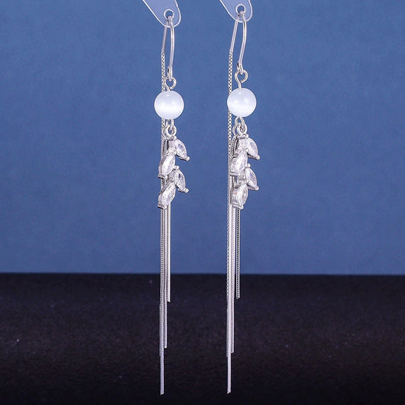 925 Sterling Silver Cat's Eye Geometric Long Tassel Earrings For Women Fashion Ear Wire Dangle Earrings
