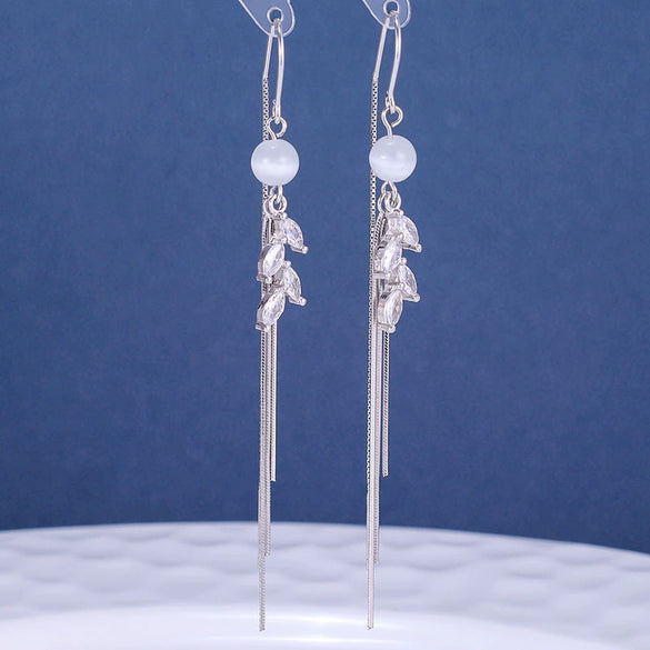 925 Sterling Silver Cat's Eye Geometric Long Tassel Earrings For Women Fashion Ear Wire Dangle Earrings