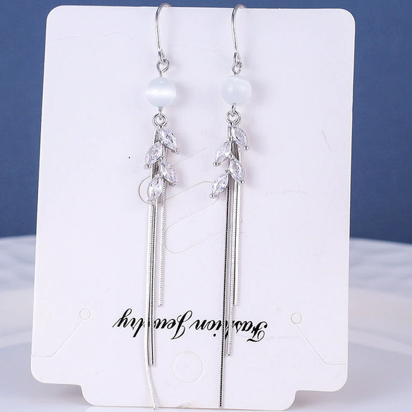 925 Sterling Silver Cat's Eye Geometric Long Tassel Earrings For Women Fashion Ear Wire Dangle Earrings