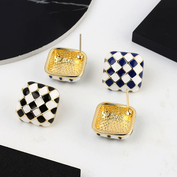925 Sterling Silver Checkerboard Earrings For Women Minimalist Elegant Electroplated Daily Wear Stud Earrings