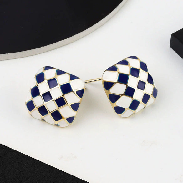 925 Sterling Silver Checkerboard Earrings For Women Minimalist Elegant Electroplated Daily Wear Stud Earrings