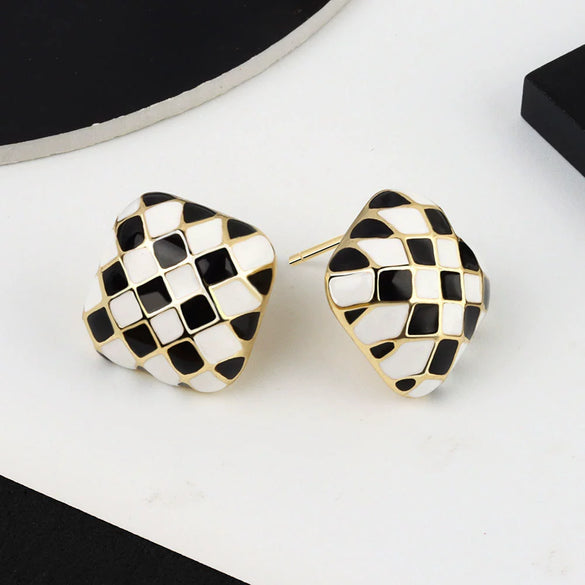 925 Sterling Silver Checkerboard Earrings For Women Minimalist Elegant Electroplated Daily Wear Stud Earrings