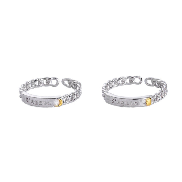 Sterling Silver Couple Ring With Electroplated Finish Simple Sun And Moon Design Adjustable Open Band