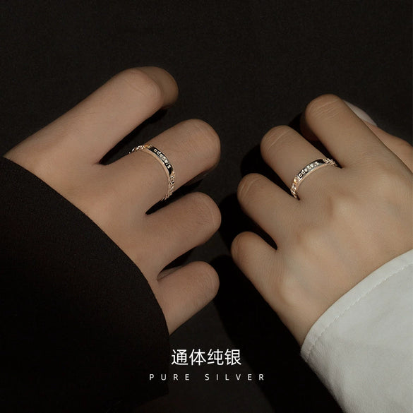 Sterling Silver Couple Ring With Electroplated Finish Simple Sun And Moon Design Adjustable Open Band
