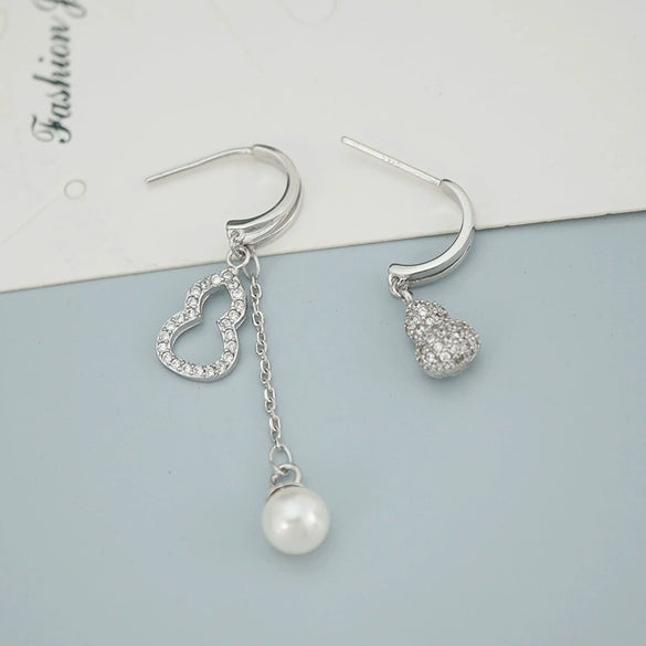 925 Sterling Silver Court Style Asymmetric Gourd Earrings Geometric Elegant Long Tassel Ear Stud And Ear Line