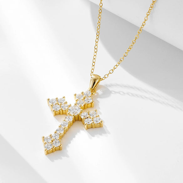 Sterling Silver Cross Chain Women's Hiphop Retro Trendy Diamond Set Pendant Necklace