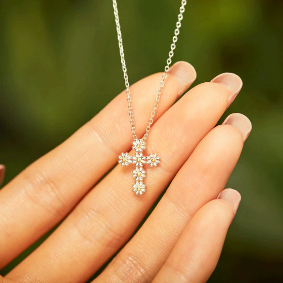 Sterling Silver Cross Daisy Electroplated Women's Geometric Ochain Necklace