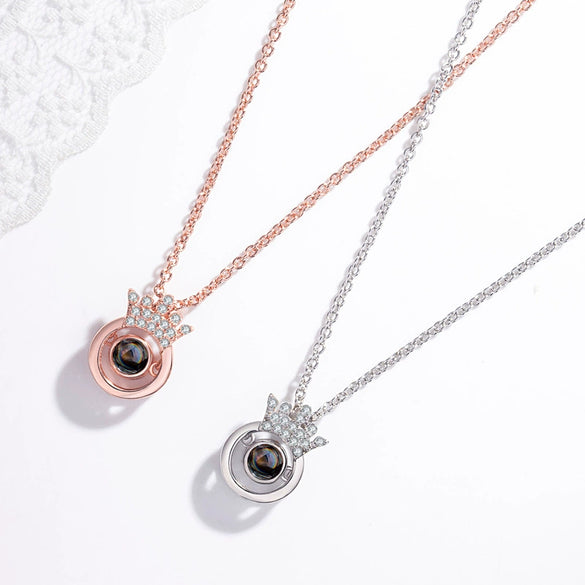 925 Sterling Silver Crown Pendant Necklace With Love Projection Memory Design Electroplated Cross Chain Clavicle Necklace