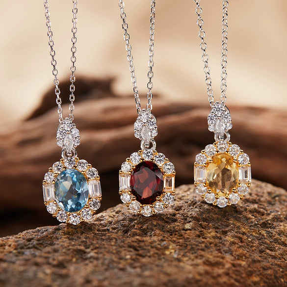 Sterling Silver Crystal Geometric Amethyst Pendant Collarbone Necklace Set With Gemstones Unisex