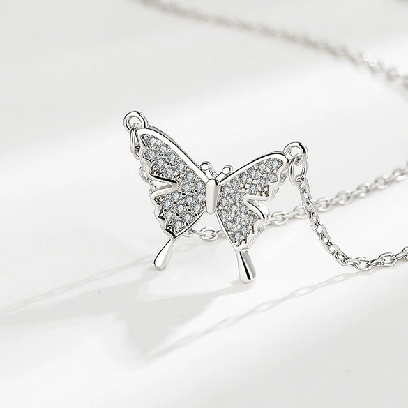 Sterling Silver 925 Diamond Geometric Butterfly Necklace For Women