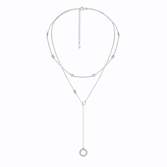 925 Sterling Silver Double Layer Stacked Geometric Round Zircon Long Necklace With High End Sense