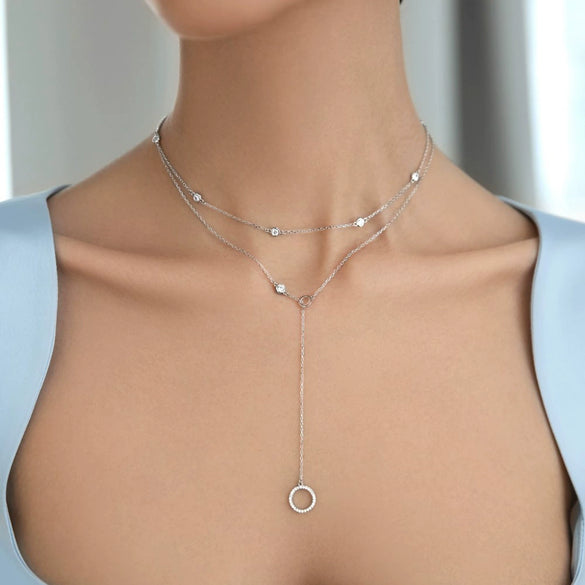 925 Sterling Silver Double Layer Stacked Geometric Round Zircon Long Necklace With High End Sense