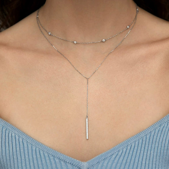 925 Sterling Silver Double Layer Stacked Y Shaped Geometric Long Chain Necklace