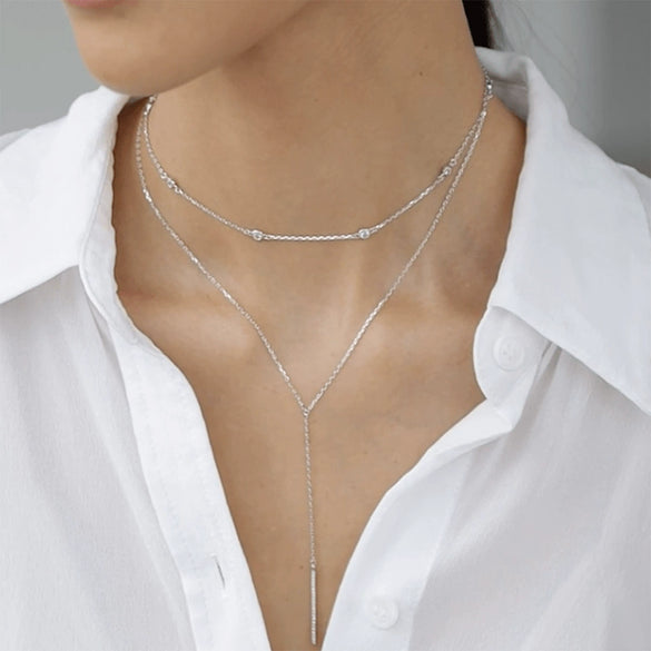 925 Sterling Silver Double Layer Stacked Y Shaped Geometric Long Chain Necklace