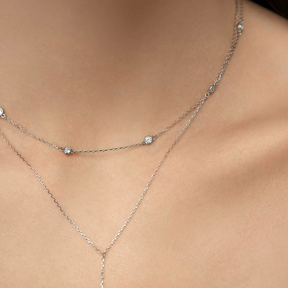 925 Sterling Silver Double Layer Stacked Y Shaped Geometric Long Chain Necklace