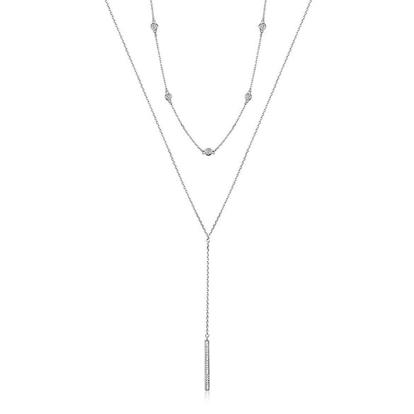 925 Sterling Silver Double Layer Stacked Y Shaped Geometric Long Chain Necklace